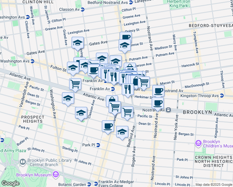 map of restaurants, bars, coffee shops, grocery stores, and more near 545 Franklin Avenue in Brooklyn