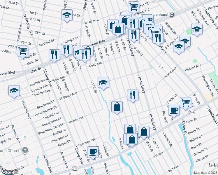 map of restaurants, bars, coffee shops, grocery stores, and more near 335 South 8th Street in Lindenhurst