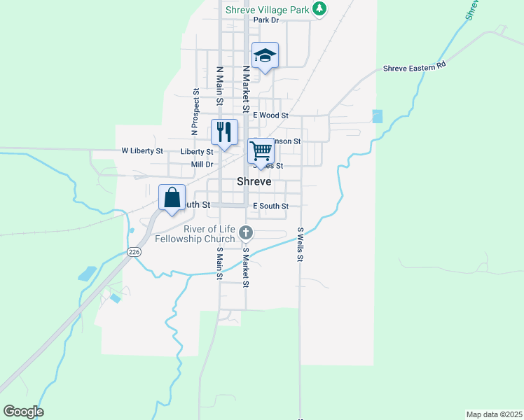 map of restaurants, bars, coffee shops, grocery stores, and more near 205 East South Street in Shreve