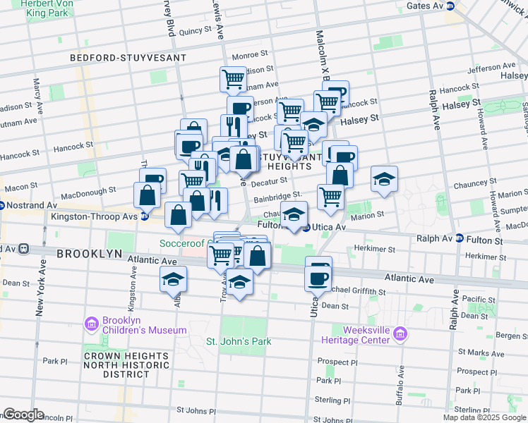 map of restaurants, bars, coffee shops, grocery stores, and more near 61 Chauncey Street in Brooklyn