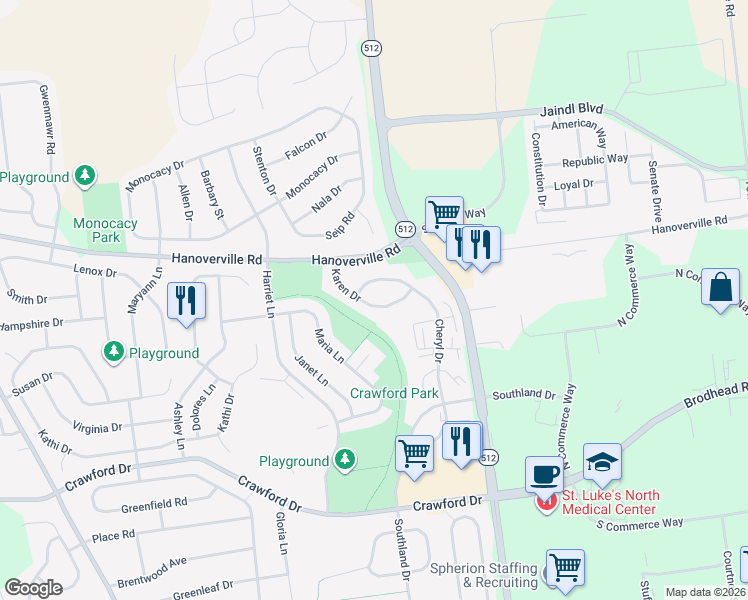 map of restaurants, bars, coffee shops, grocery stores, and more near 5549 Karen Drive in Bethlehem