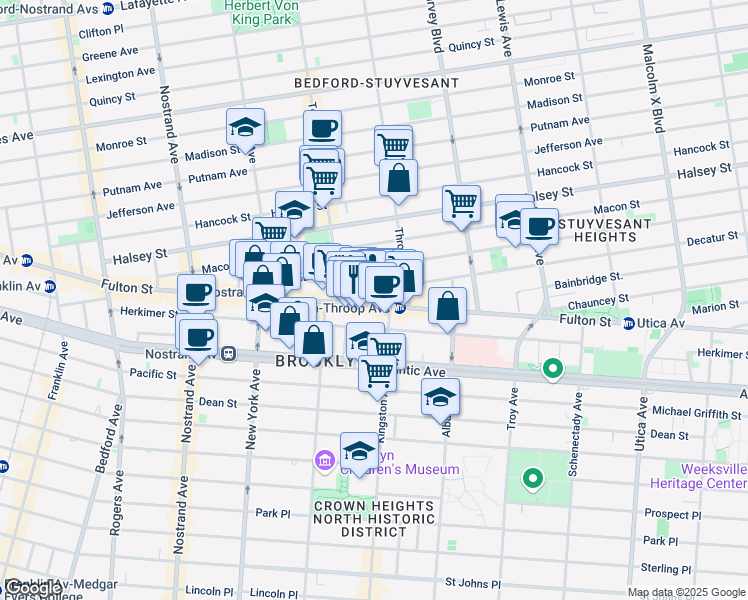 map of restaurants, bars, coffee shops, grocery stores, and more near 1485 Fulton Street in Brooklyn