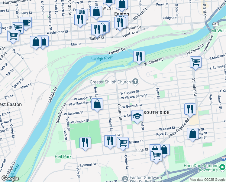map of restaurants, bars, coffee shops, grocery stores, and more near 201 Canal Park in Easton
