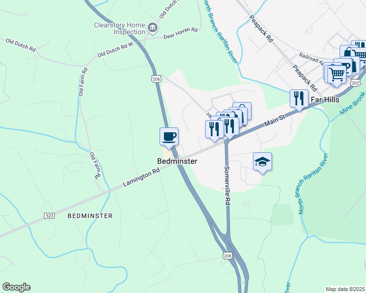 map of restaurants, bars, coffee shops, grocery stores, and more near 2395 Lamington Road in Bedminster