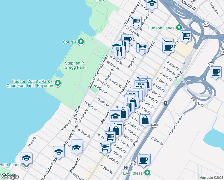 map of restaurants, bars, coffee shops, grocery stores, and more near 74-76 East 43rd Street in Bayonne
