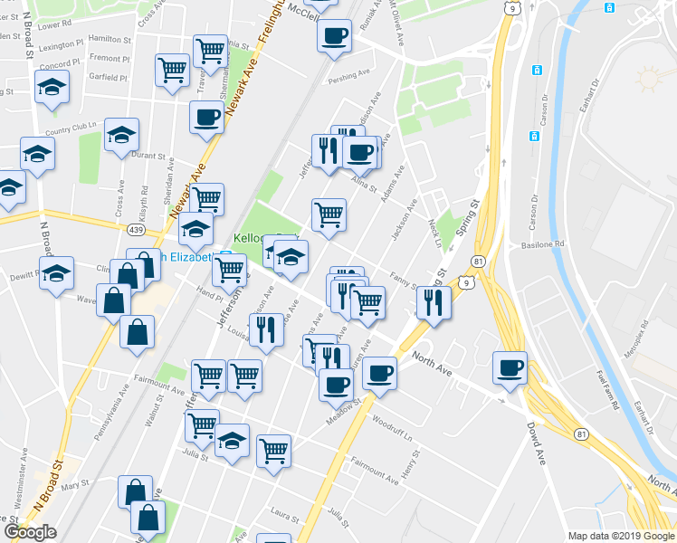 map of restaurants, bars, coffee shops, grocery stores, and more near 834 Adams Avenue in Elizabeth