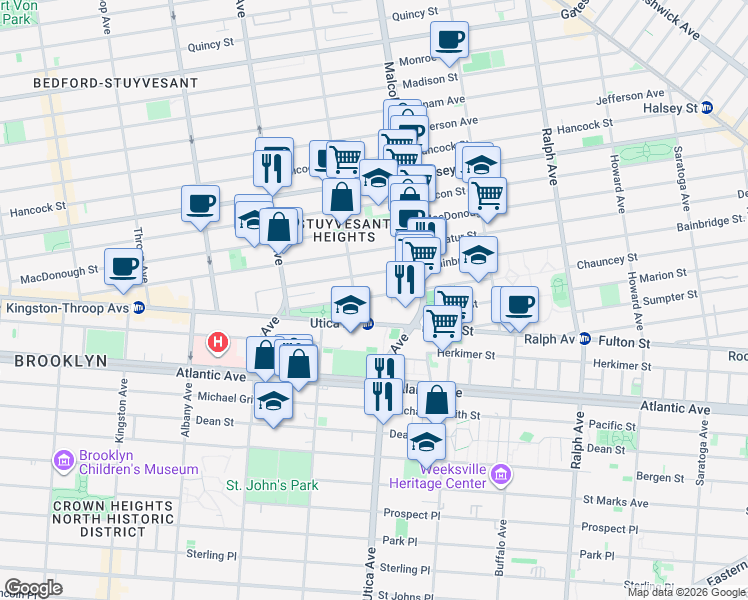 map of restaurants, bars, coffee shops, grocery stores, and more near 86 Chauncey Street in Brooklyn