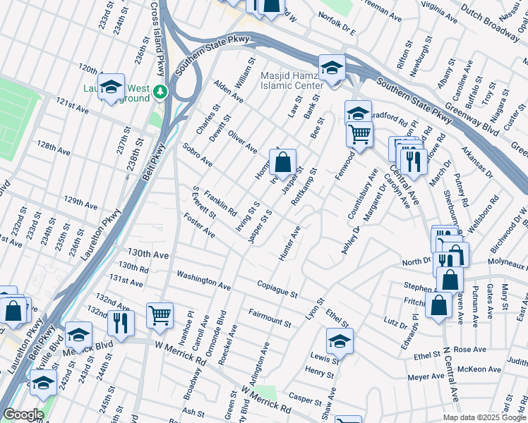 map of restaurants, bars, coffee shops, grocery stores, and more near 1 Jasper Street South in Valley Stream