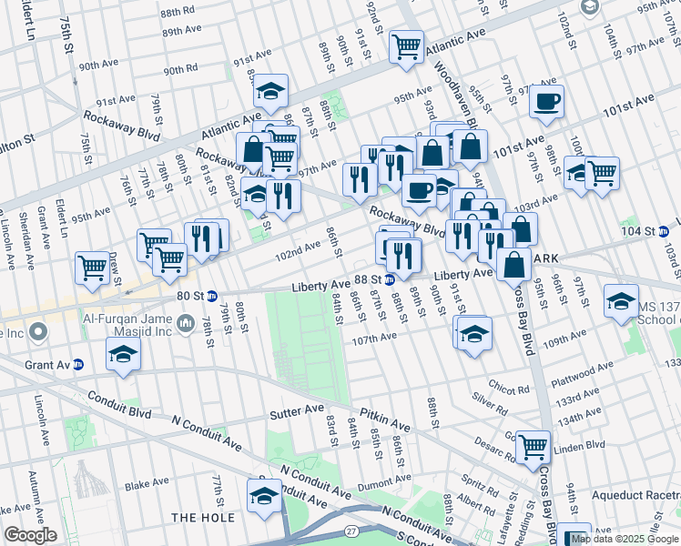 map of restaurants, bars, coffee shops, grocery stores, and more near 8602 103rd Avenue in Queens