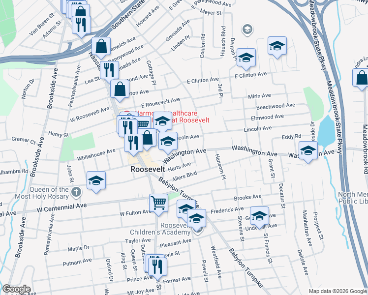 map of restaurants, bars, coffee shops, grocery stores, and more near 103 Washington Avenue in Roosevelt