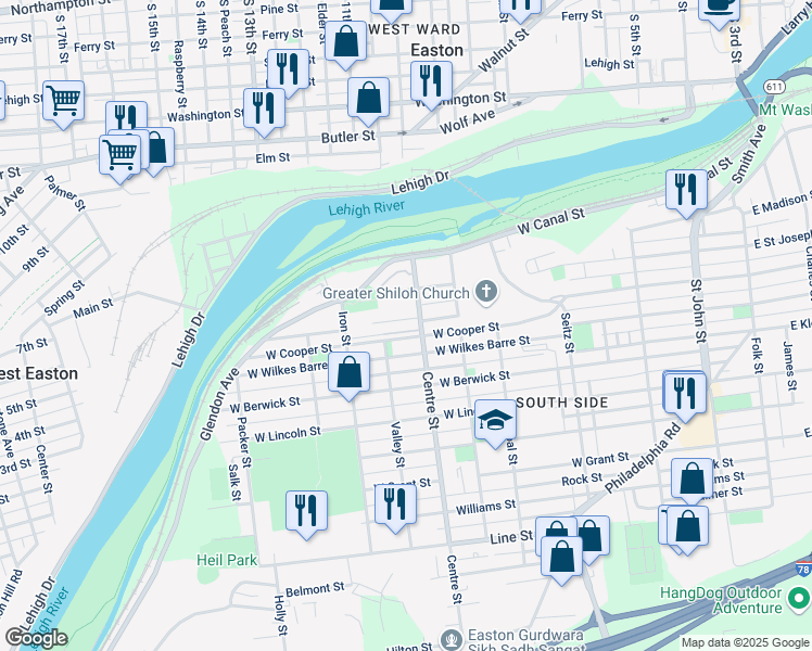 map of restaurants, bars, coffee shops, grocery stores, and more near 202 Canal Park in Easton