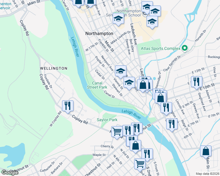map of restaurants, bars, coffee shops, grocery stores, and more near 1362 Segal Court in Northampton