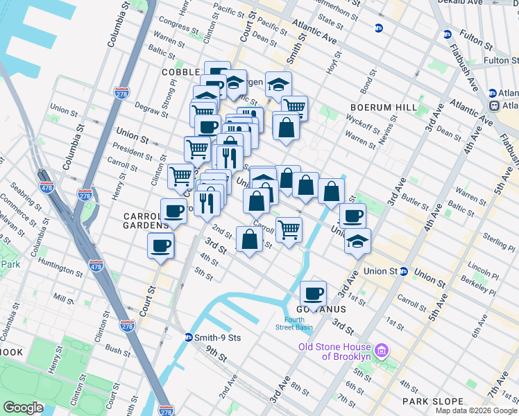 map of restaurants, bars, coffee shops, grocery stores, and more near President Street & Hoyt Street in Brooklyn