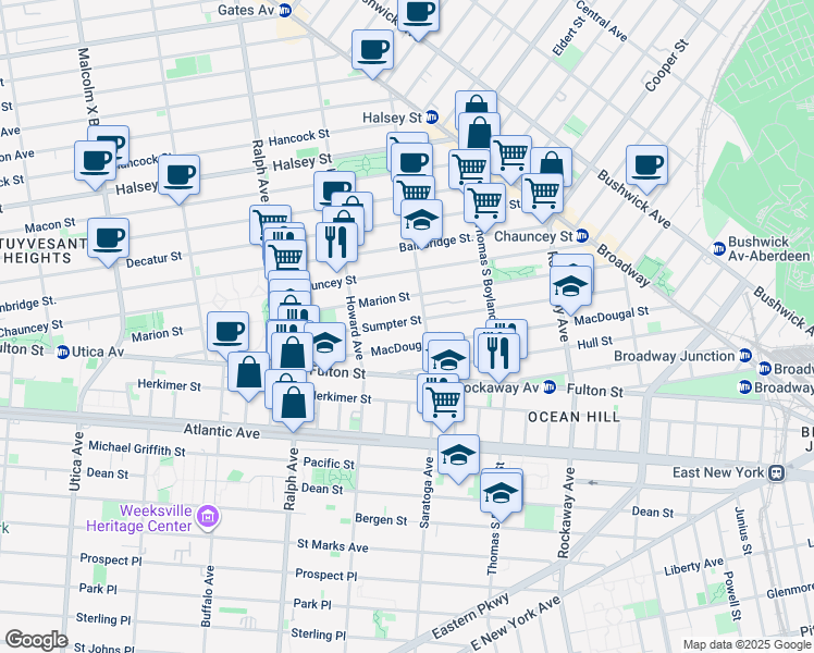 map of restaurants, bars, coffee shops, grocery stores, and more near 184 Saratoga Avenue in Brooklyn