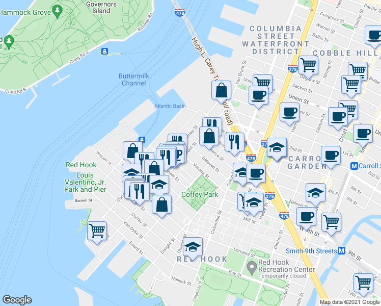 map of restaurants, bars, coffee shops, grocery stores, and more near 241 Van Brunt Street in Brooklyn