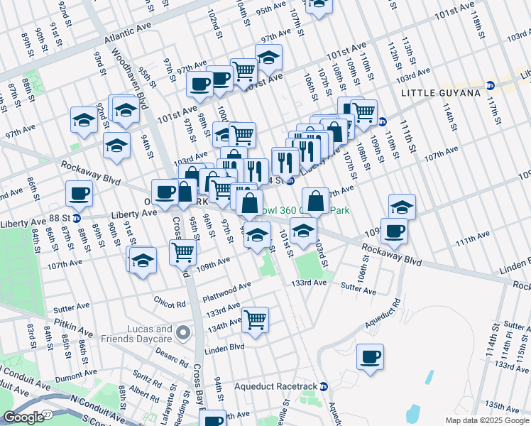 map of restaurants, bars, coffee shops, grocery stores, and more near 100-07 Rockaway Boulevard in Queens