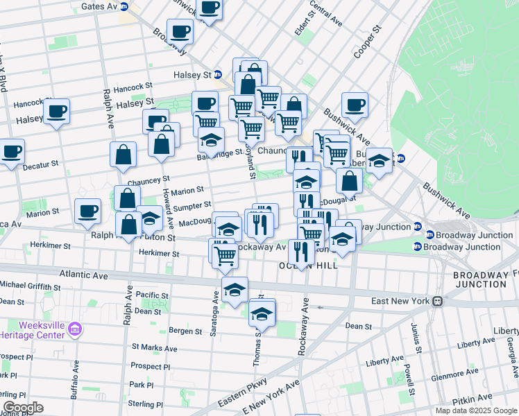 map of restaurants, bars, coffee shops, grocery stores, and more near 187 Macdougal Street in Brooklyn