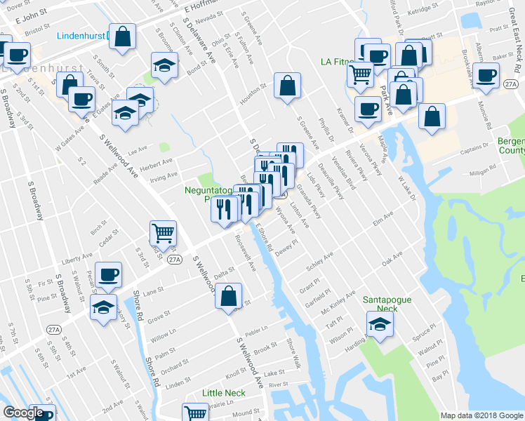 map of restaurants, bars, coffee shops, grocery stores, and more near Montauk Highway & Beacon Avenue in Lindenhurst