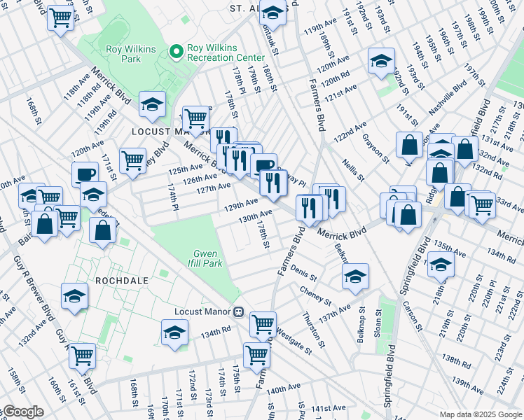 map of restaurants, bars, coffee shops, grocery stores, and more near 178-07 130th Avenue in Queens