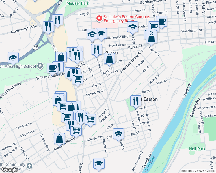 map of restaurants, bars, coffee shops, grocery stores, and more near 2307 Sycamore Street in Easton