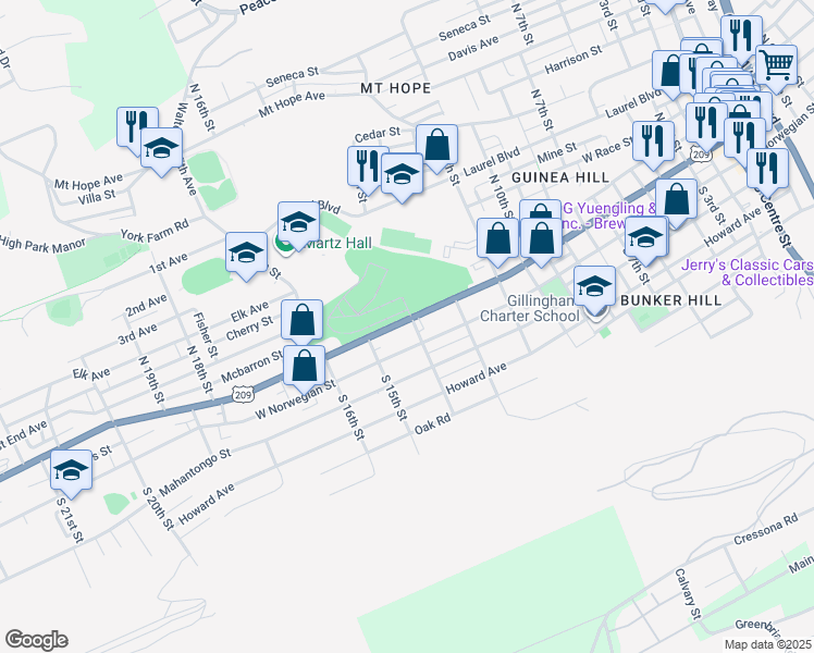 map of restaurants, bars, coffee shops, grocery stores, and more near 1413 W Market St in Pottsville