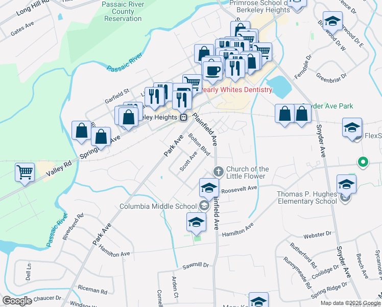 map of restaurants, bars, coffee shops, grocery stores, and more near 212 Berkeley Avenue in Berkeley Heights
