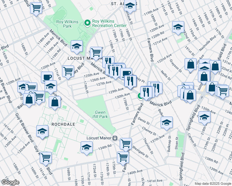 map of restaurants, bars, coffee shops, grocery stores, and more near 176-29 129th Avenue in Queens