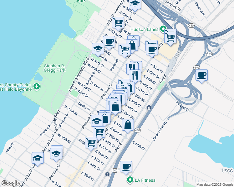 map of restaurants, bars, coffee shops, grocery stores, and more near 30 West 45th Street in Bayonne