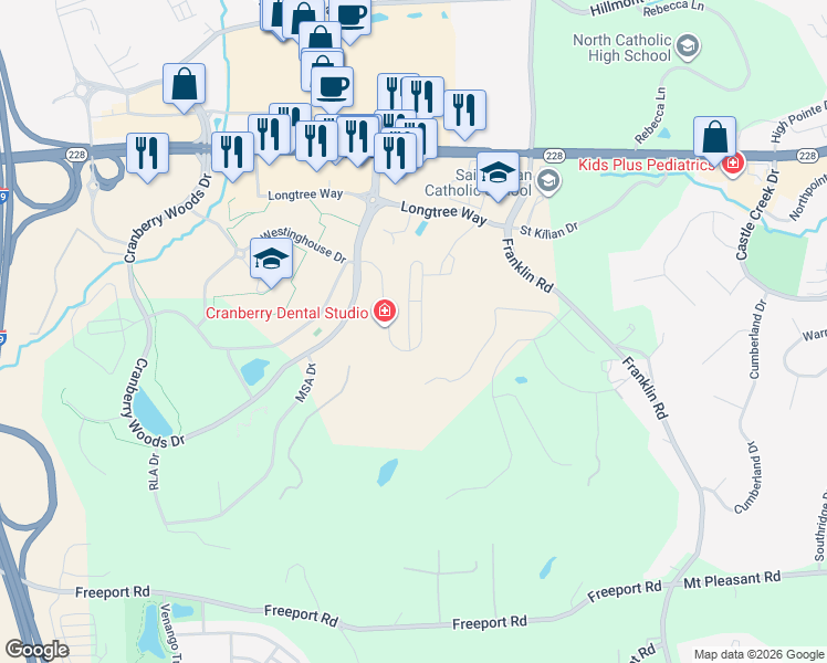 map of restaurants, bars, coffee shops, grocery stores, and more near 10011 Pendleton Way in Cranberry Township
