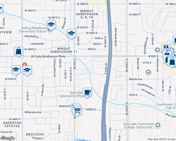map of restaurants, bars, coffee shops, grocery stores, and more near 4181 Village Lane in West Valley City