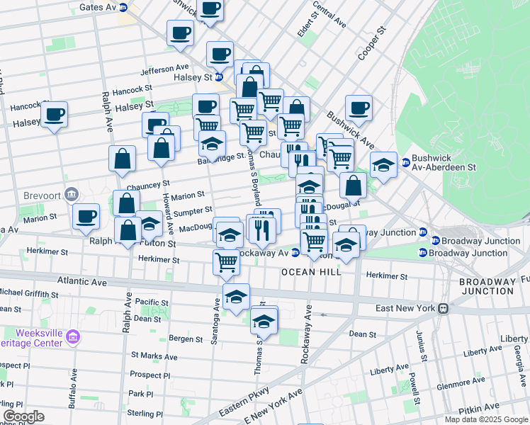 map of restaurants, bars, coffee shops, grocery stores, and more near 181 Macdougal Street in Brooklyn
