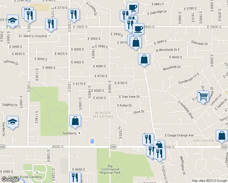map of restaurants, bars, coffee shops, grocery stores, and more near 1522 Amblewood Lane in Millcreek