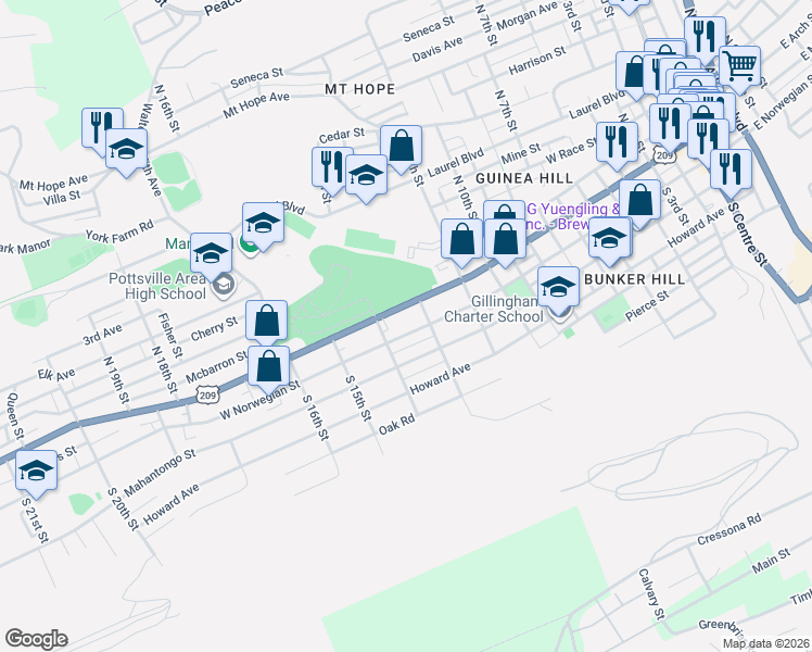 map of restaurants, bars, coffee shops, grocery stores, and more near 1342 West Norwegian Street in Pottsville