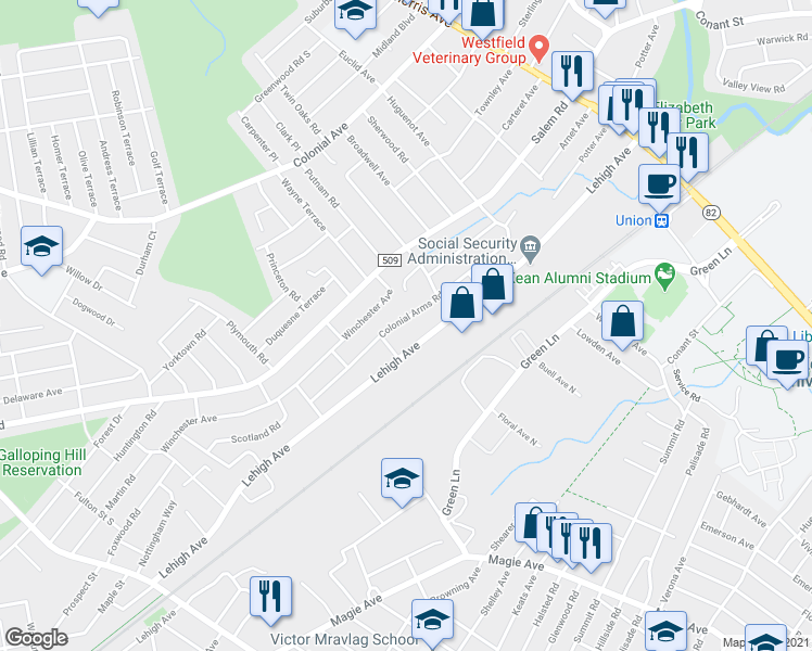 map of restaurants, bars, coffee shops, grocery stores, and more near 717 Colonial Arms Road in Union