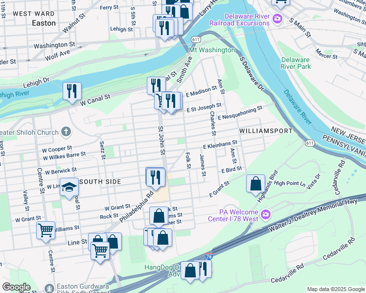 map of restaurants, bars, coffee shops, grocery stores, and more near 101 West Kleinhans Street in Easton