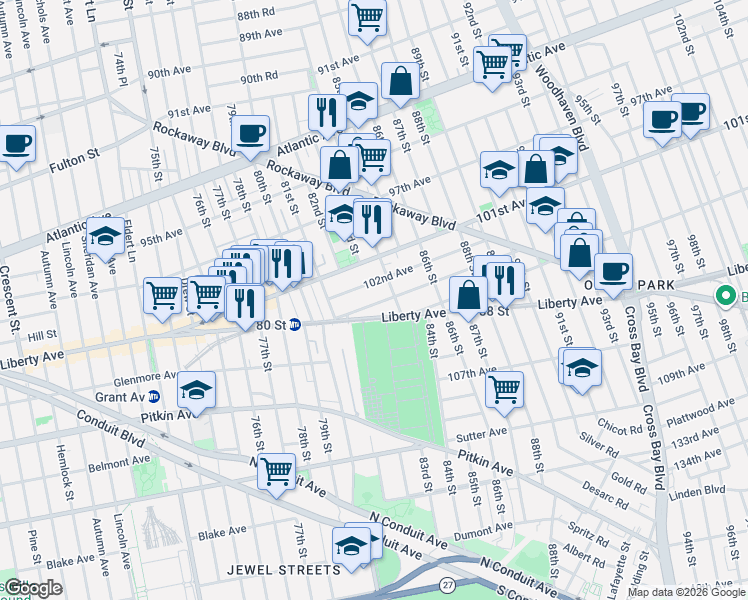 map of restaurants, bars, coffee shops, grocery stores, and more near 81-49 102nd Road in Queens