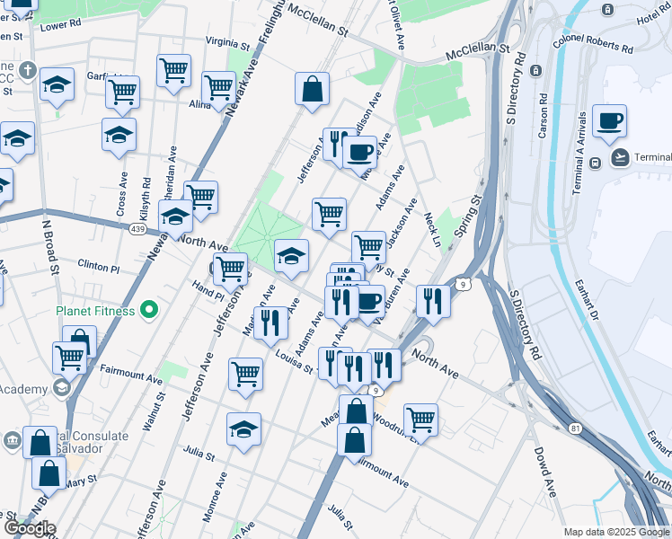 map of restaurants, bars, coffee shops, grocery stores, and more near 834 Adams Avenue in Elizabeth
