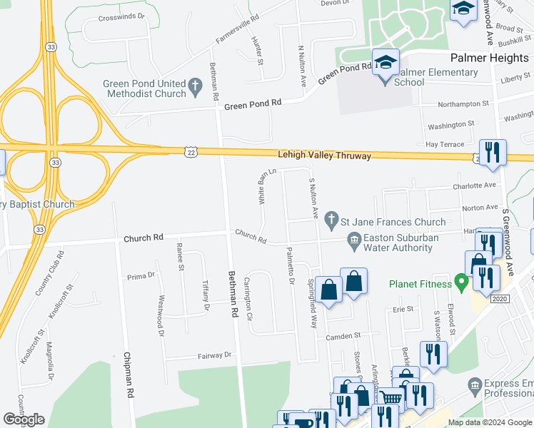 map of restaurants, bars, coffee shops, grocery stores, and more near White Barn Lane in Easton