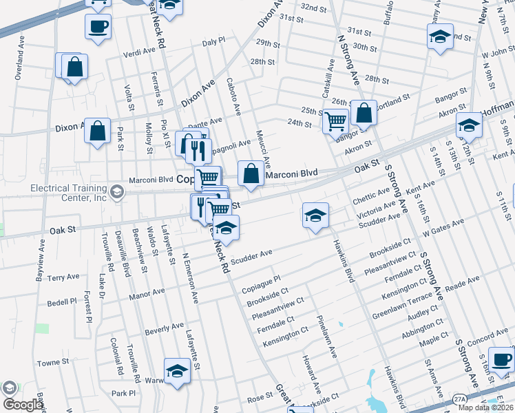 map of restaurants, bars, coffee shops, grocery stores, and more near 526 Oak Street in Copiague