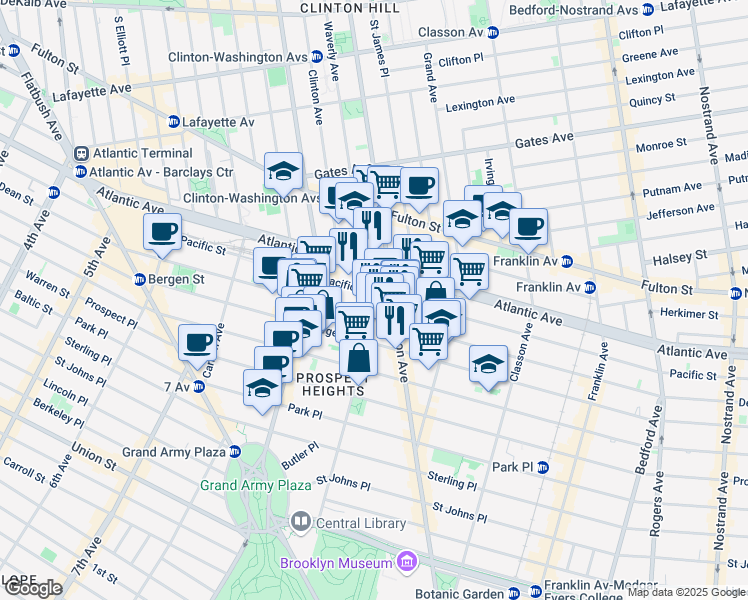 map of restaurants, bars, coffee shops, grocery stores, and more near 28 Underhill Avenue in Brooklyn