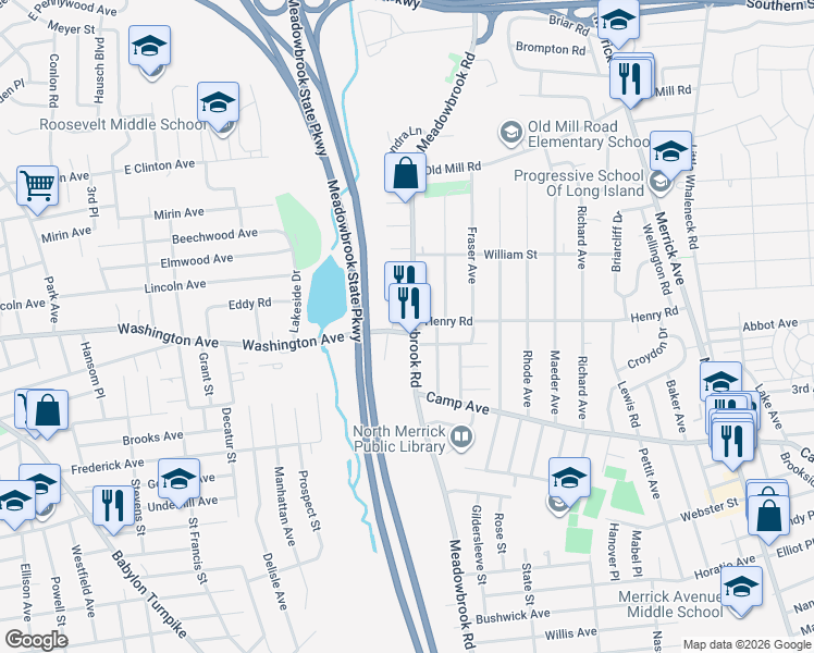 map of restaurants, bars, coffee shops, grocery stores, and more near 1558 Meadowbrook Road in Merrick