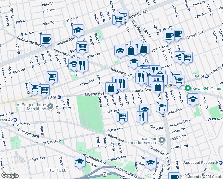 map of restaurants, bars, coffee shops, grocery stores, and more near 8639 Liberty Avenue in Queens