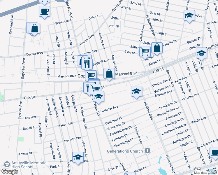 map of restaurants, bars, coffee shops, grocery stores, and more near 526 Oak Street in Copiague