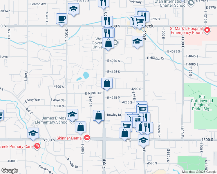 map of restaurants, bars, coffee shops, grocery stores, and more near 4212 Utah 71 in Millcreek