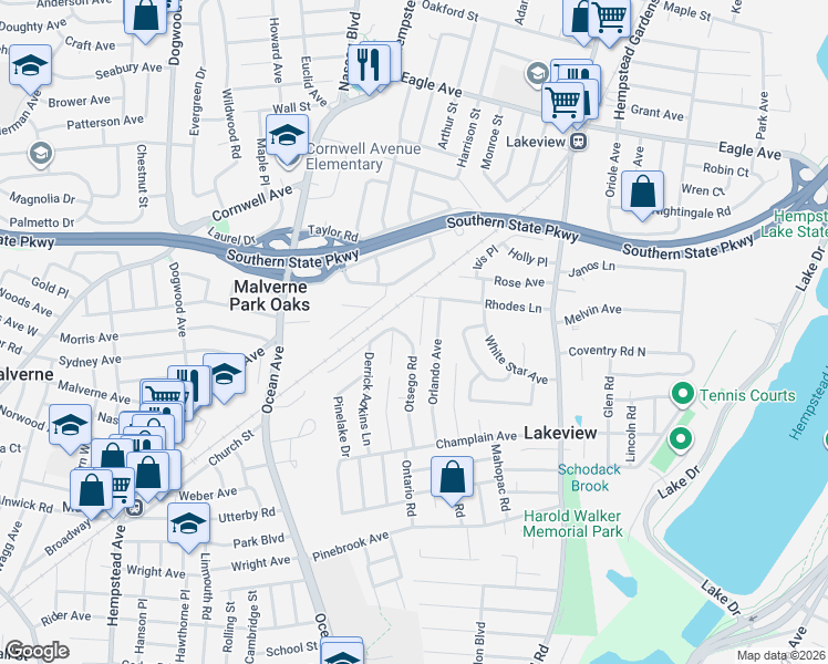 map of restaurants, bars, coffee shops, grocery stores, and more near 876 Otsego Road in West Hempstead