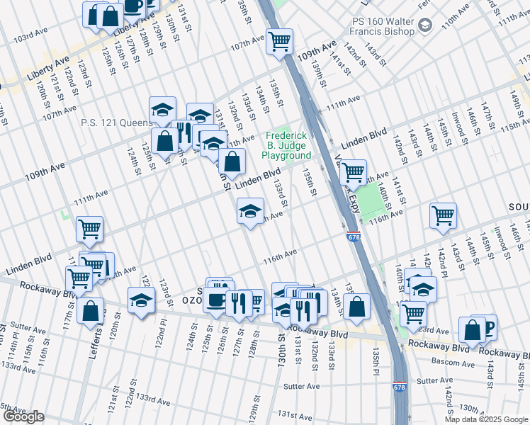 map of restaurants, bars, coffee shops, grocery stores, and more near 131-22 115th Avenue in Queens