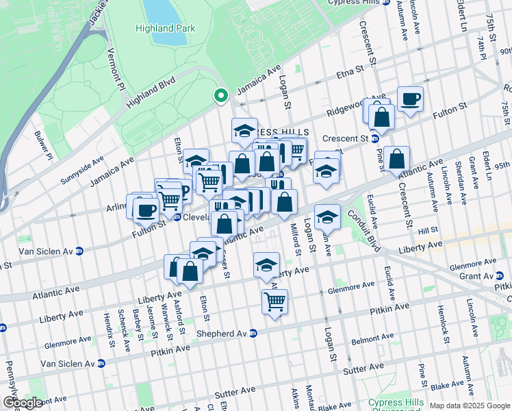 map of restaurants, bars, coffee shops, grocery stores, and more near 212 Highland Place in Brooklyn