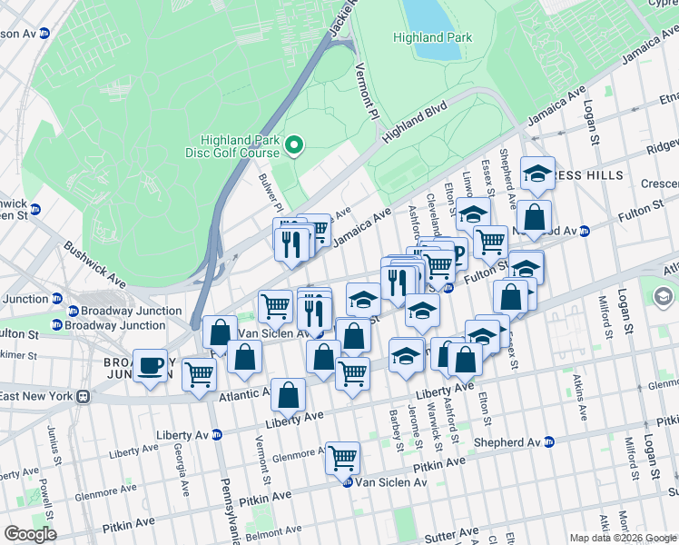 map of restaurants, bars, coffee shops, grocery stores, and more near 130 Arlington Avenue in Brooklyn