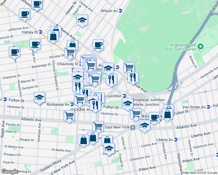 map of restaurants, bars, coffee shops, grocery stores, and more near in Brooklyn
