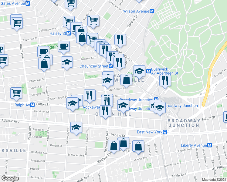 map of restaurants, bars, coffee shops, grocery stores, and more near 183 Hull Street in Brooklyn